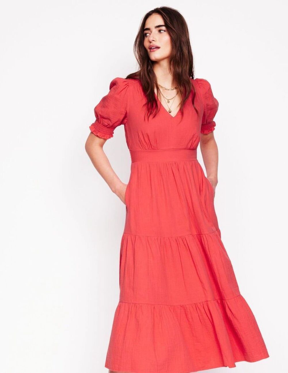 Boden Anna Double Cloth Cotton Tiered Midi Dress Red Coral Size 10R